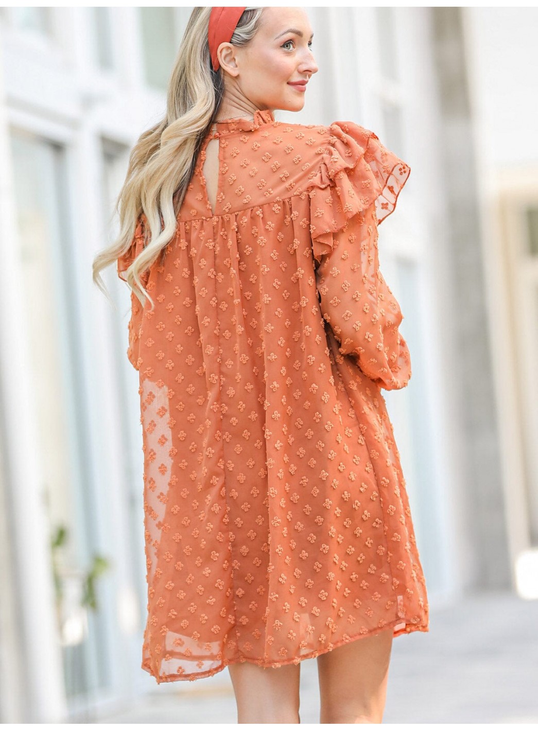 WOMEN'S LONG RUFFLE SLEEVE SWISS DETAILED TUNIC MINI DRESS WOMEN'S LONG RUFFLE SLEEVE SWISS DETAILED TUNIC MINI DRESS