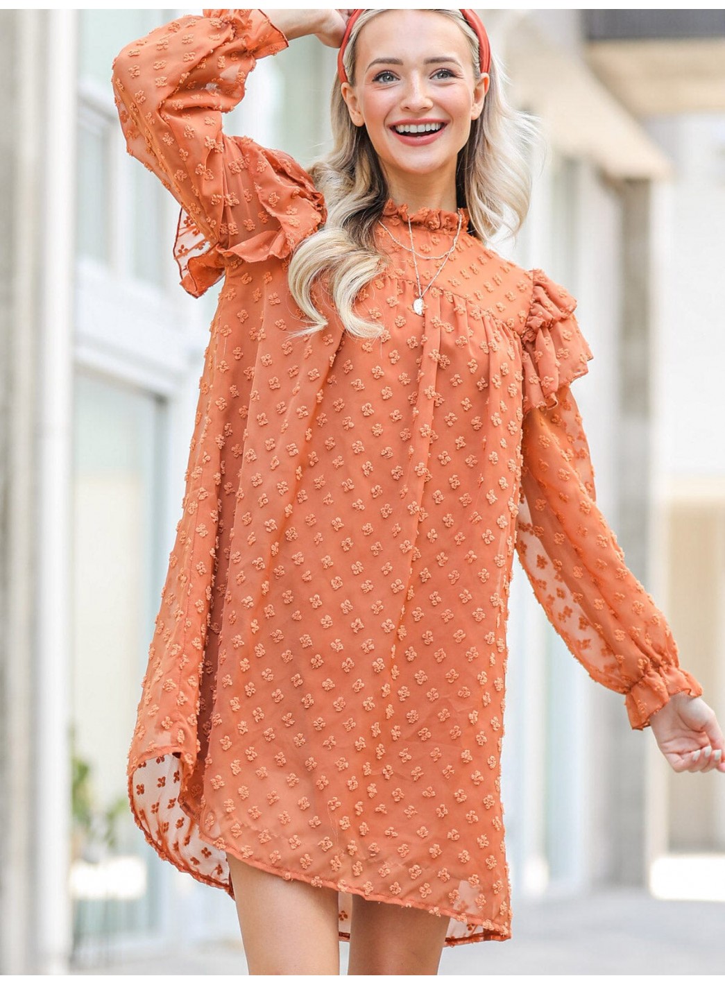 WOMEN'S LONG RUFFLE SLEEVE SWISS DETAILED TUNIC MINI DRESS WOMEN'S LONG RUFFLE SLEEVE SWISS DETAILED TUNIC MINI DRESS