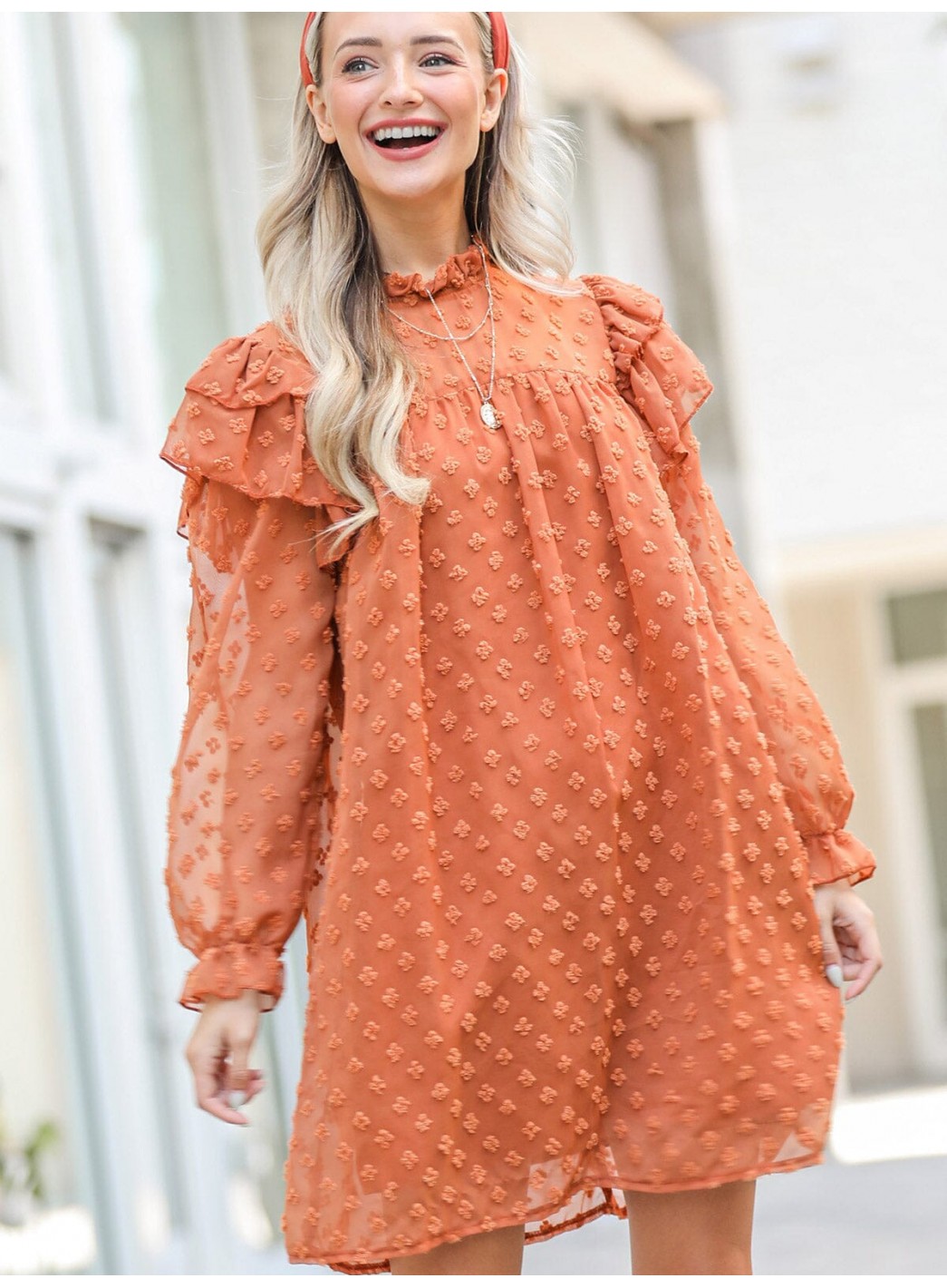 WOMEN'S LONG RUFFLE SLEEVE SWISS DETAILED TUNIC MINI DRESS WOMEN'S LONG RUFFLE SLEEVE SWISS DETAILED TUNIC MINI DRESS