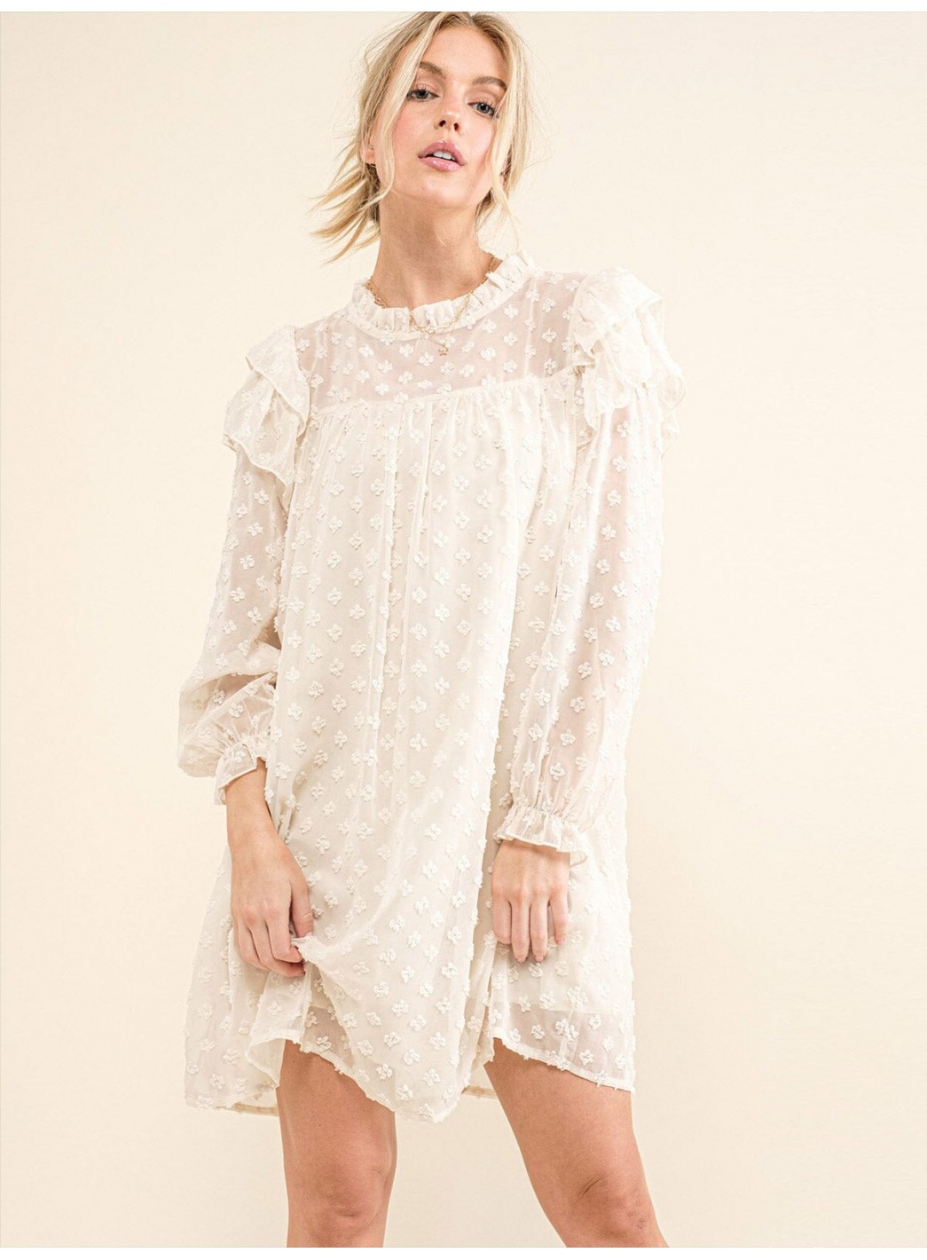 WOMEN'S LONG RUFFLE SLEEVE SWISS DETAILED TUNIC MINI DRESS WOMEN'S LONG RUFFLE SLEEVE SWISS DETAILED TUNIC MINI DRESS