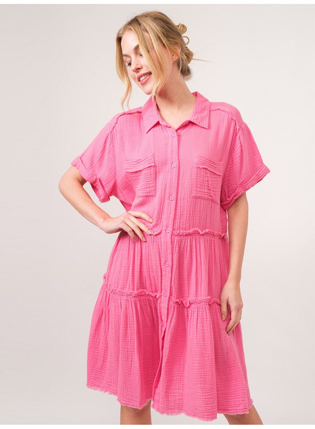 WOMEN'S SHORT SLEEVE BUTTON CLOSURE TIERED TUNIC MINI DRESS WOMEN'S SHORT SLEEVE BUTTON CLOSURE TIERED TUNIC MINI DRESS