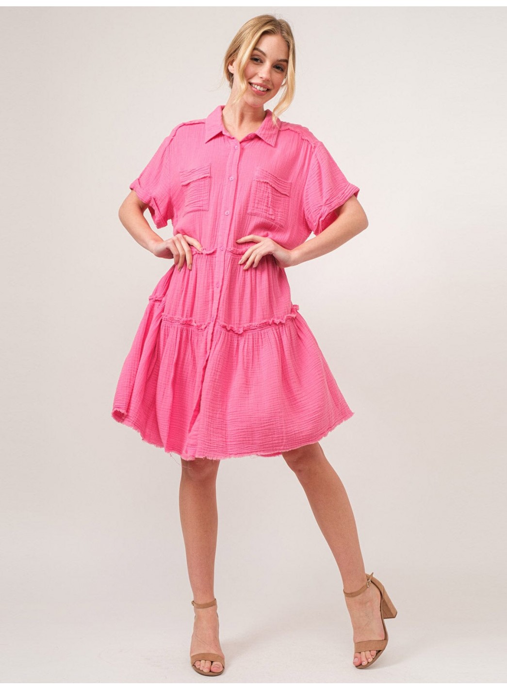 WOMEN'S SHORT SLEEVE BUTTON CLOSURE TIERED TUNIC MINI DRESS WOMEN'S SHORT SLEEVE BUTTON CLOSURE TIERED TUNIC MINI DRESS