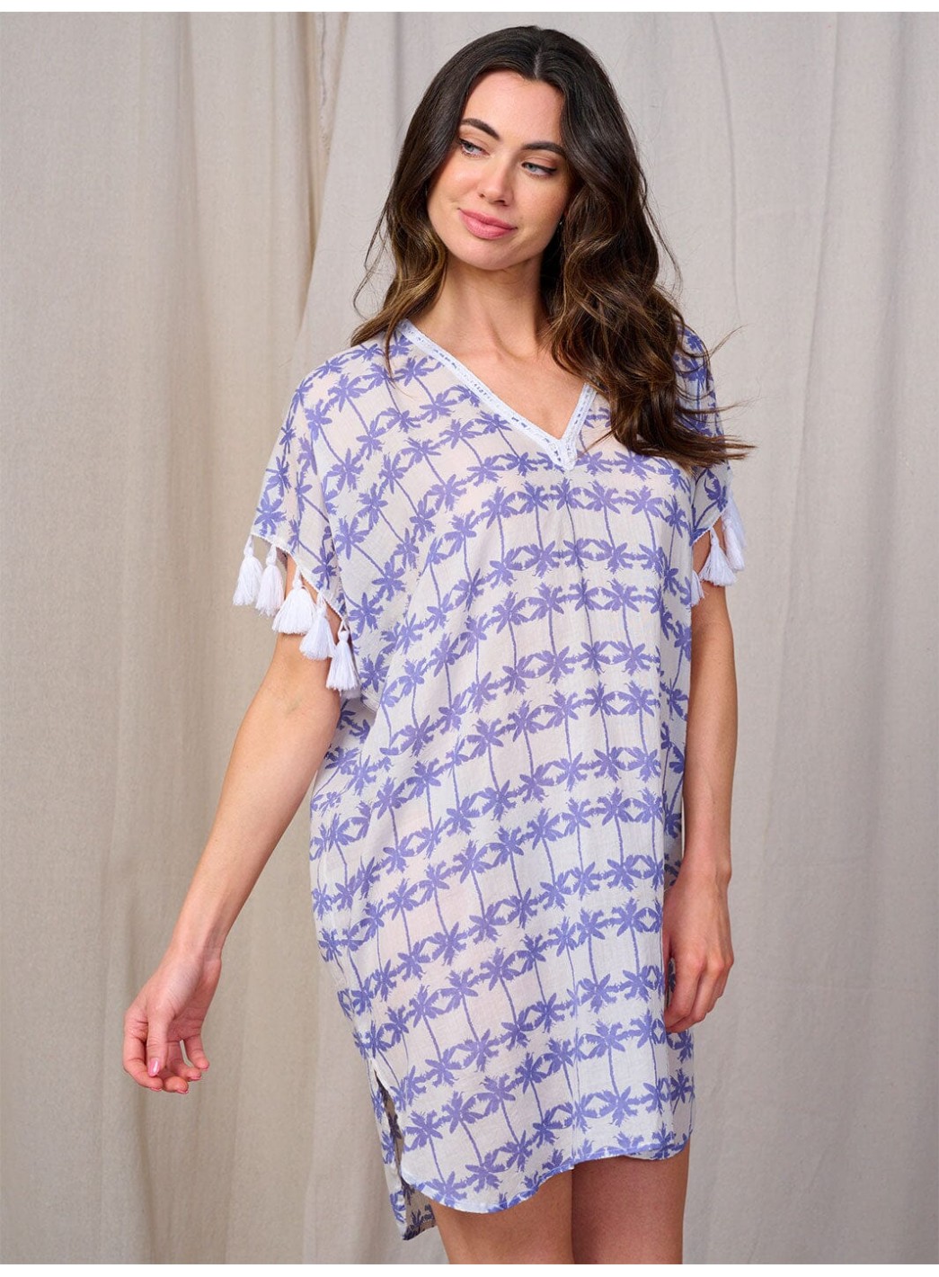 WOMEN'S SHORT TASSEL SLEEVE V-NECK PRINT TUNIC MINI DRESS WOMEN'S SHORT TASSEL SLEEVE V-NECK PRINT TUNIC MINI DRESS