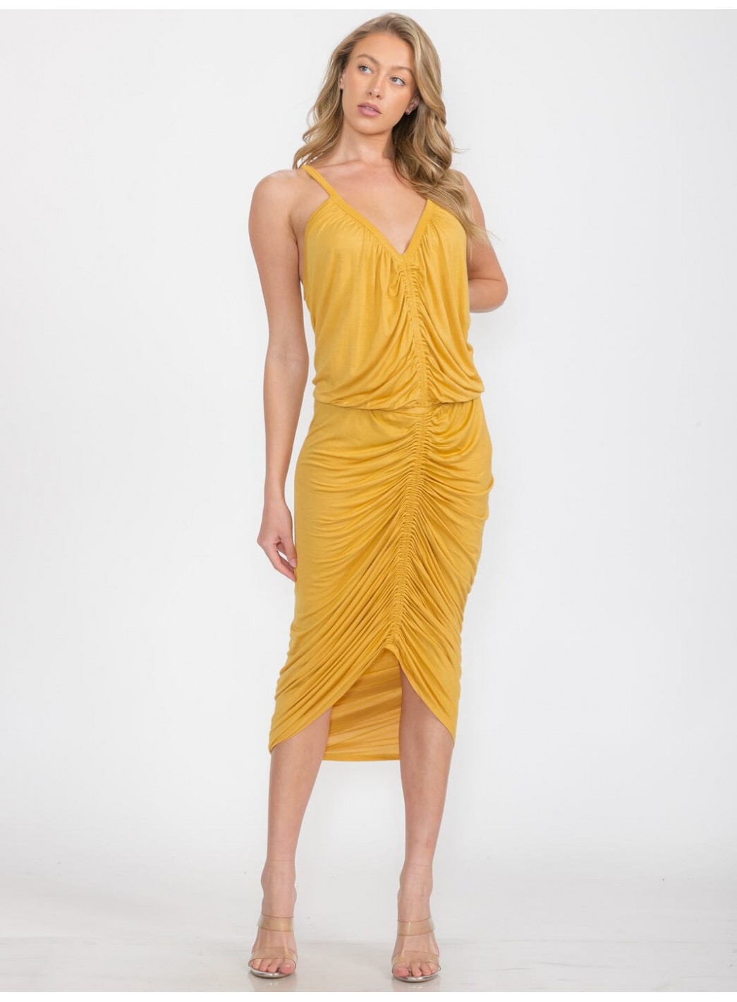 WOMEN'S SLEEVELESS V-NECK FRONT RUCHED BODYCON MIDI DRESS WOMEN'S SLEEVELESS V-NECK FRONT RUCHED BODYCON MIDI DRESS