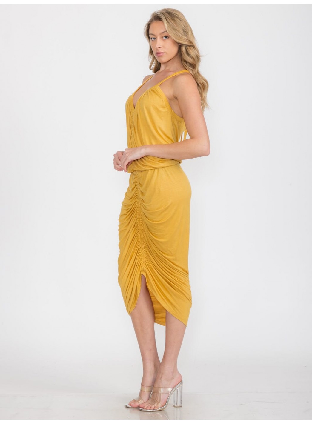 WOMEN'S SLEEVELESS V-NECK FRONT RUCHED BODYCON MIDI DRESS WOMEN'S SLEEVELESS V-NECK FRONT RUCHED BODYCON MIDI DRESS