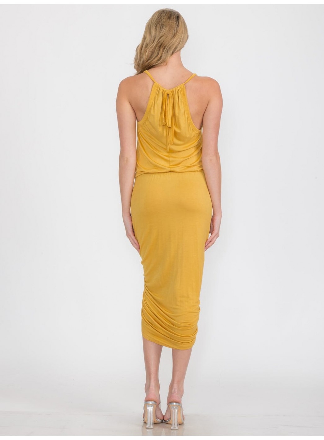 WOMEN'S SLEEVELESS V-NECK FRONT RUCHED BODYCON MIDI DRESS WOMEN'S SLEEVELESS V-NECK FRONT RUCHED BODYCON MIDI DRESS