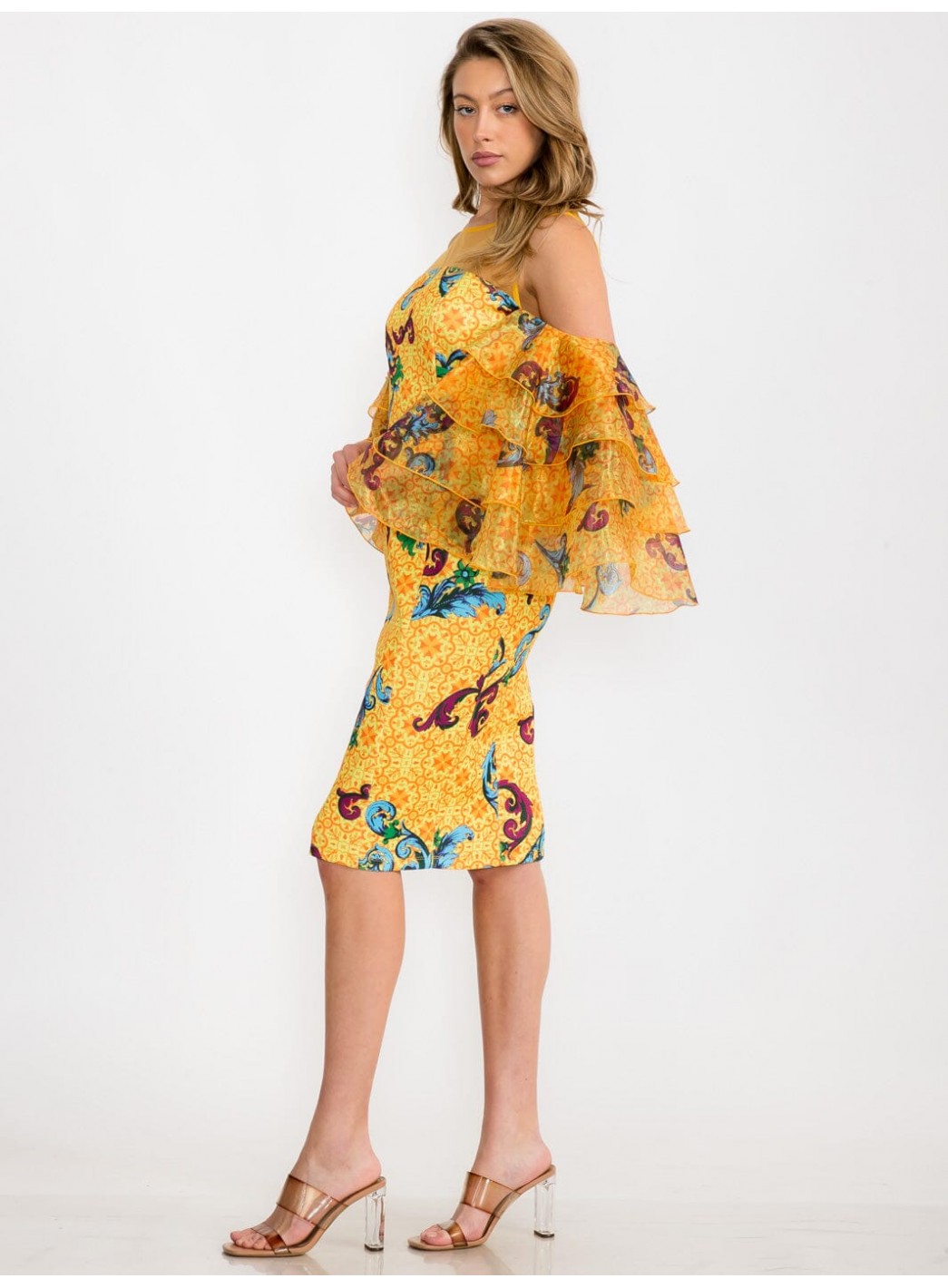 WOMEN'S COLD SHOULDER SHORT RUFFLE SLEEVE MULTI PRINT MIDI DRESS WOMEN'S COLD SHOULDER SHORT RUFFLE SLEEVE MULTI PRINT MIDI DRESS