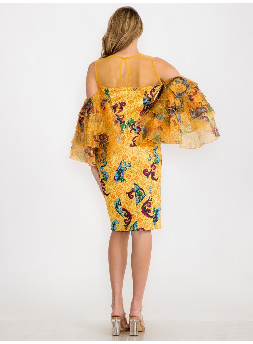 WOMEN'S COLD SHOULDER SHORT RUFFLE SLEEVE MULTI PRINT MIDI DRESS WOMEN'S COLD SHOULDER SHORT RUFFLE SLEEVE MULTI PRINT MIDI DRESS