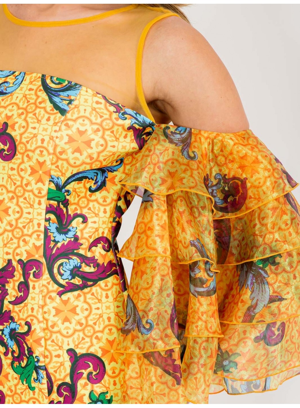 WOMEN'S COLD SHOULDER SHORT RUFFLE SLEEVE MULTI PRINT MIDI DRESS WOMEN'S COLD SHOULDER SHORT RUFFLE SLEEVE MULTI PRINT MIDI DRESS