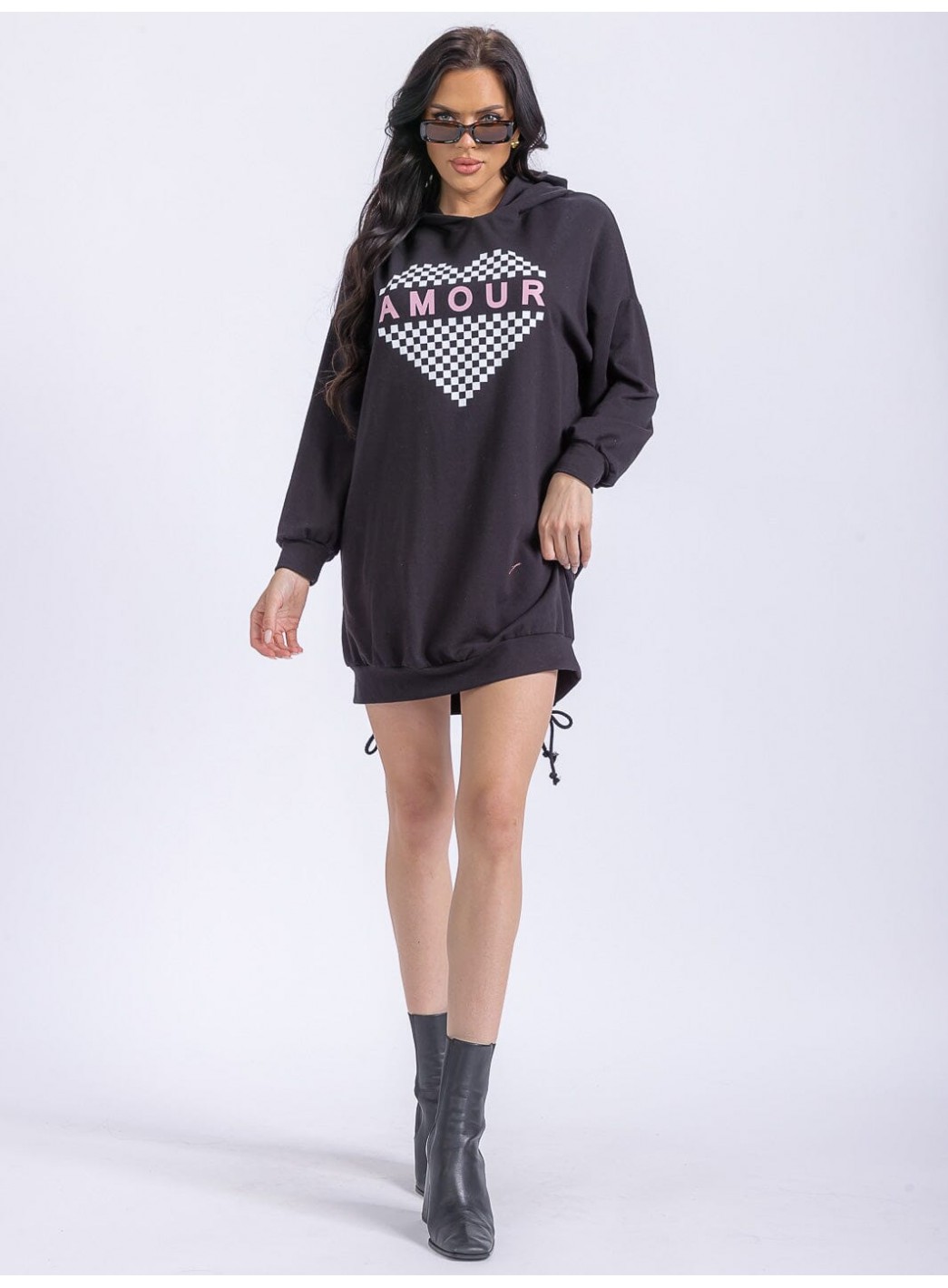 WOMEN'S LONG SLEEVE FRONT POCKETS WASHED HOODED GRAPHIC SWEATER MINI DRESS WOMEN'S LONG SLEEVE FRONT POCKETS WASHED HOODED GRAPHIC SWEATER MINI DRESS