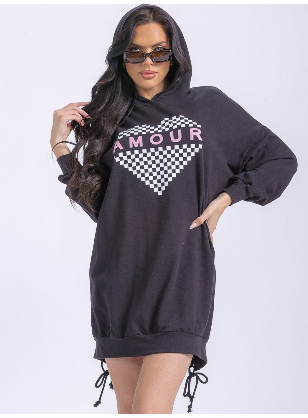 WOMEN'S LONG SLEEVE FRONT POCKETS WASHED HOODED GRAPHIC SWEATER MINI DRESS WOMEN'S LONG SLEEVE FRONT POCKETS WASHED HOODED GRAPHIC SWEATER MINI DRESS