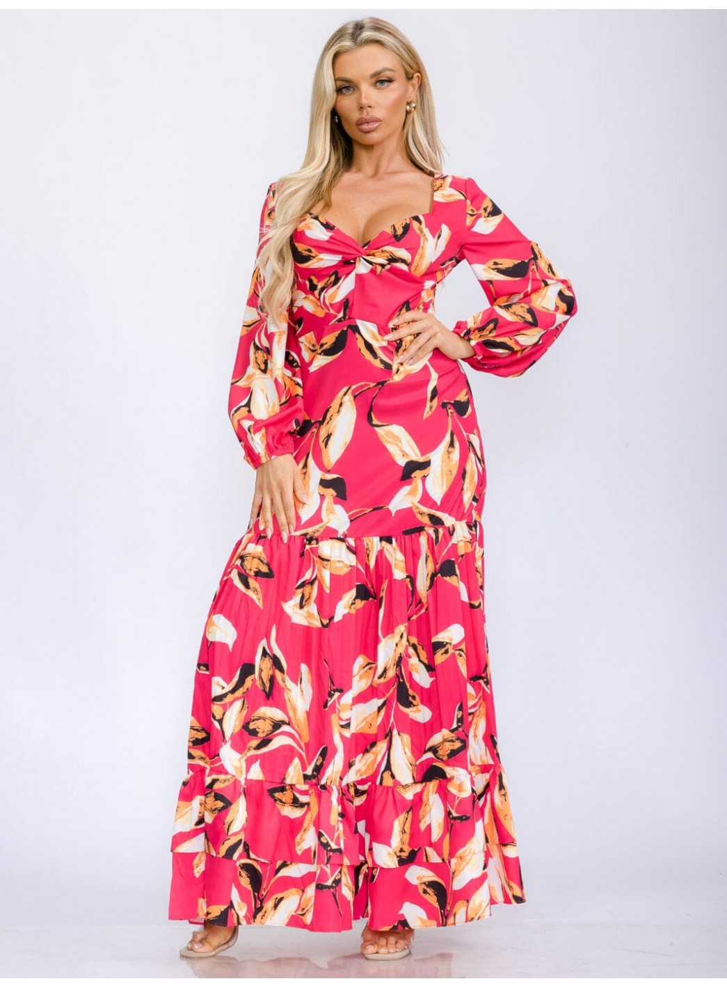 WOMEN'S LONG SLEEVE V-NECK TIERED FLORAL PRINT MAXI DRESS WOMEN'S LONG SLEEVE V-NECK TIERED FLORAL PRINT MAXI DRESS