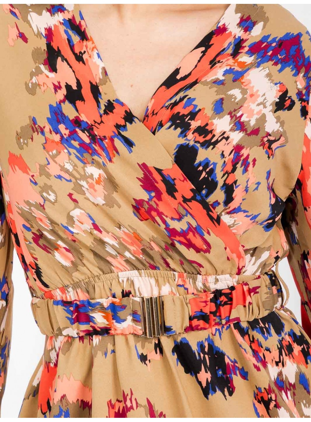 WOMEN'S LONG SLEEVE SURPLICE BELTED MULTI PRINT MINI DRESS WOMEN'S LONG SLEEVE SURPLICE BELTED MULTI PRINT MINI DRESS