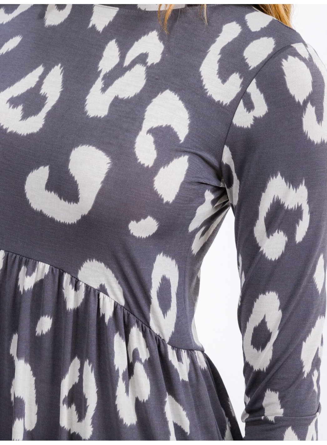 WOMEN'S LONG SLEEVE ELASTIC WAIST FRONT POCKETS ANIMAL PRINT MINI DRESS WOMEN'S LONG SLEEVE ELASTIC WAIST FRONT POCKETS ANIMAL PRINT MINI DRESS