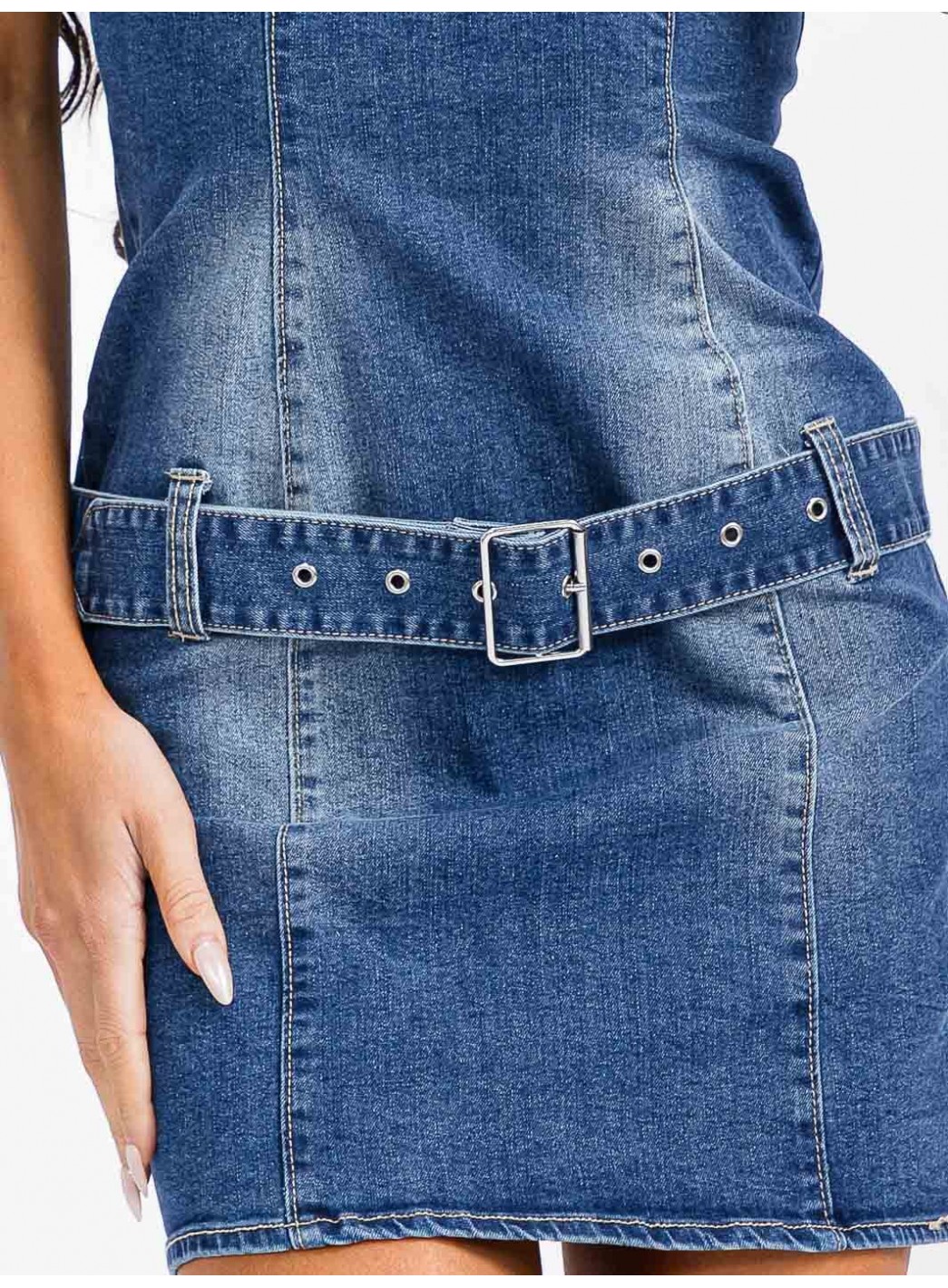 WOMEN'S SLEEVELESS FRONT BELT DETAILED DENIM WASHED MINI DRESS WOMEN'S SLEEVELESS FRONT BELT DETAILED DENIM WASHED MINI DRESS