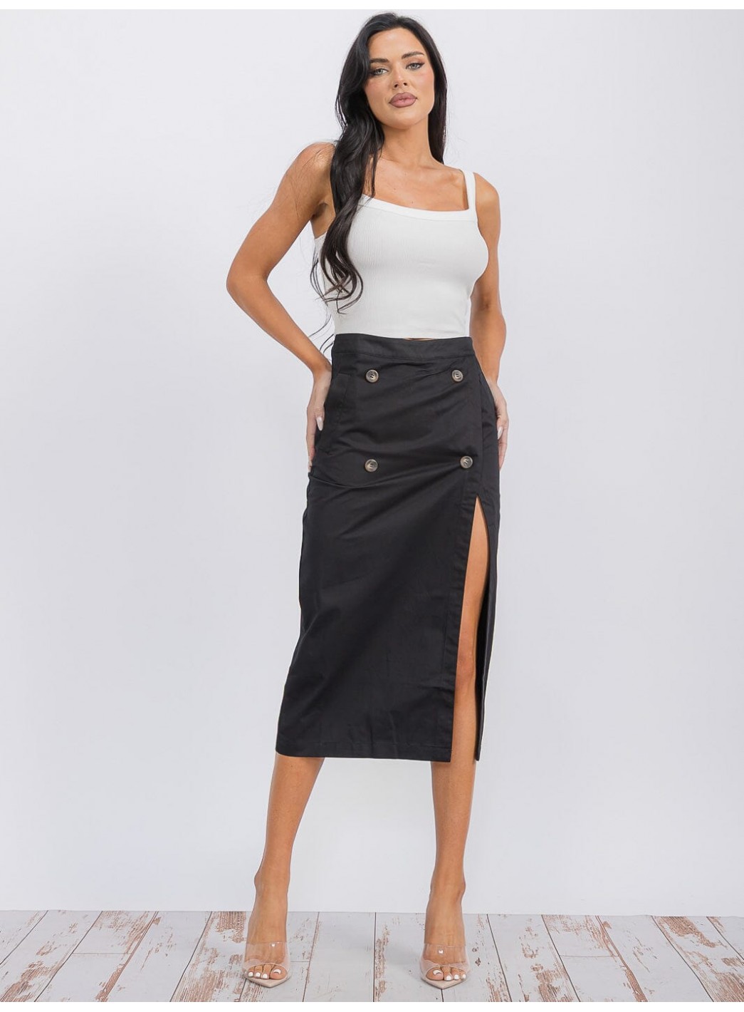 WOMEN'S ZIPPER CLOSURE SLIT POCKETS MIDI SKIRT WOMEN'S ZIPPER CLOSURE SLIT POCKETS MIDI SKIRT
