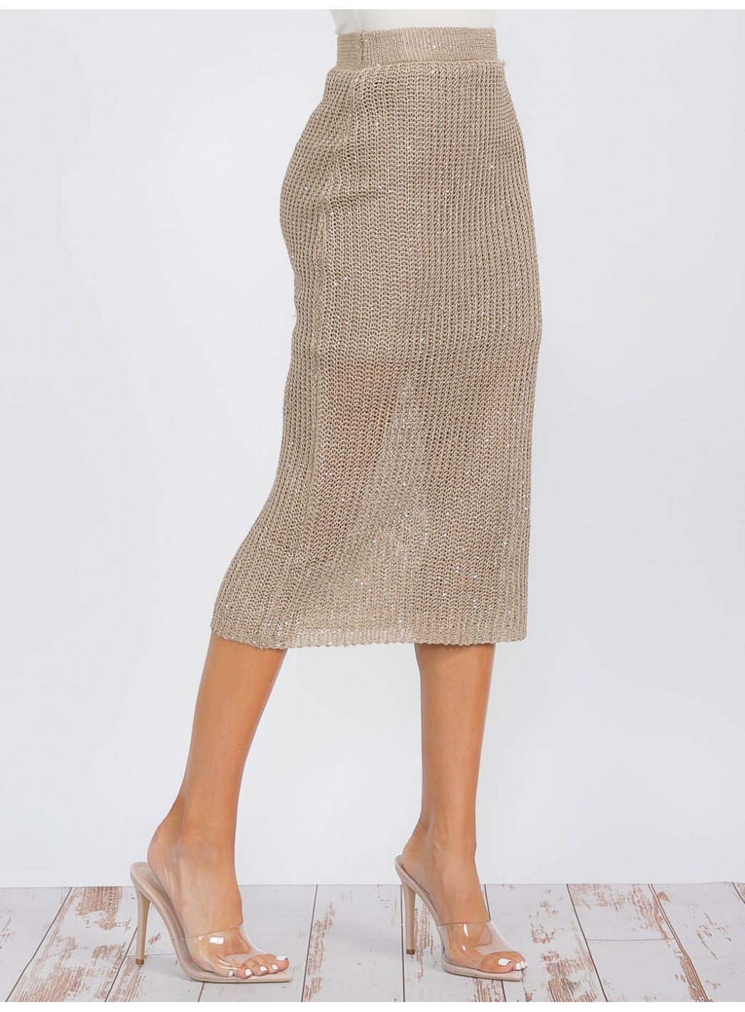 WOMEN'S ELASTIC WAIST SHIMMER KNIT MIDI SKIRT WOMEN'S ELASTIC WAIST SHIMMER KNIT MIDI SKIRT