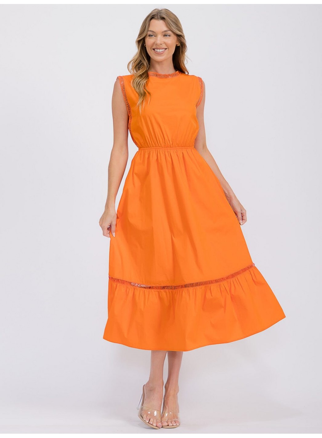 WOMEN'S SLEEVELESS FRONT POCKETS ELASTIC WAIST TIERED MAXI DRESS WOMEN'S SLEEVELESS FRONT POCKETS ELASTIC WAIST TIERED MAXI DRESS