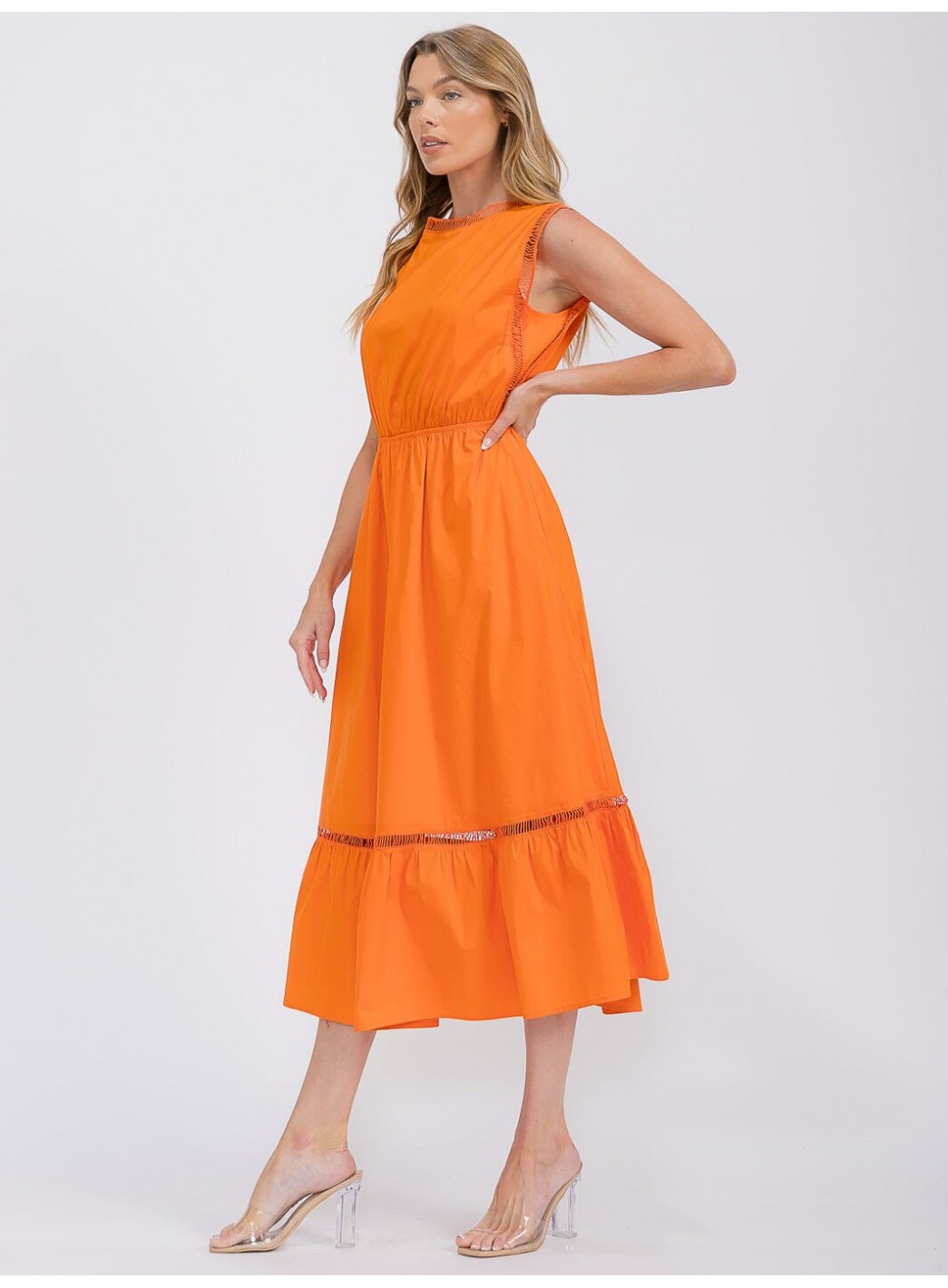 WOMEN'S SLEEVELESS FRONT POCKETS ELASTIC WAIST TIERED MAXI DRESS WOMEN'S SLEEVELESS FRONT POCKETS ELASTIC WAIST TIERED MAXI DRESS