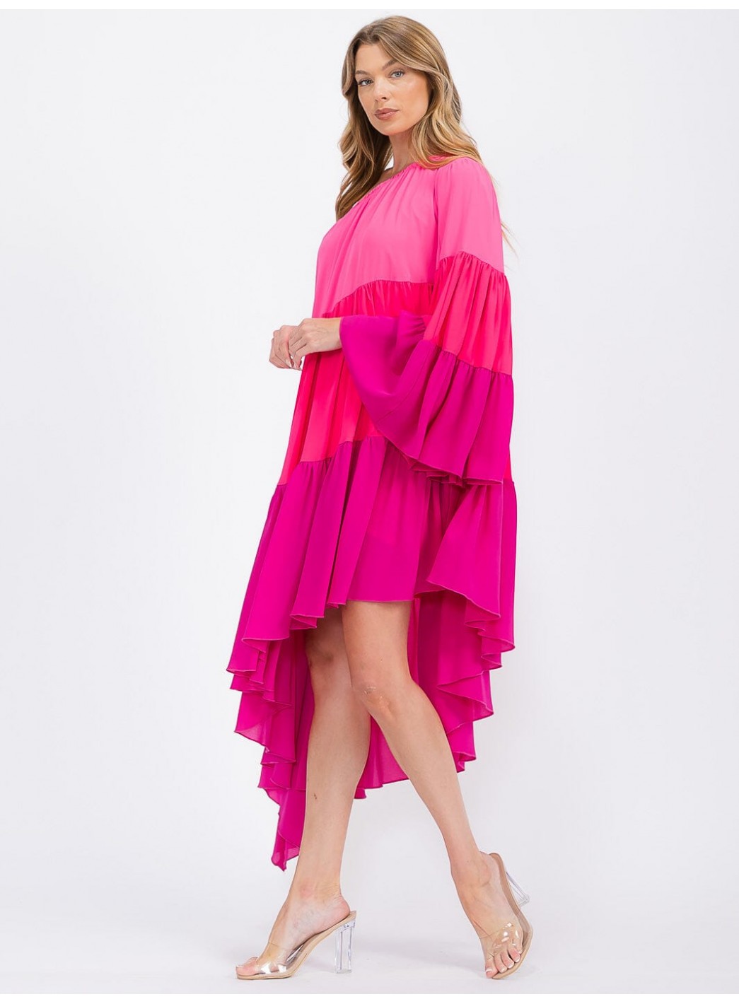 WOMEN'S ONE SHOLDER LONG SLEEVE POCKETS TIERED HIGH-LOW COLORBLOCK MIDI DRESS WOMEN'S ONE SHOLDER LONG SLEEVE POCKETS TIERED HIGH-LOW COLORBLOCK MIDI DRESS