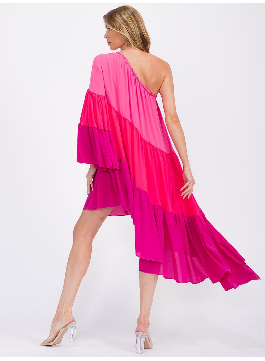 WOMEN'S ONE SHOLDER LONG SLEEVE POCKETS TIERED HIGH-LOW COLORBLOCK MIDI DRESS WOMEN'S ONE SHOLDER LONG SLEEVE POCKETS TIERED HIGH-LOW COLORBLOCK MIDI DRESS