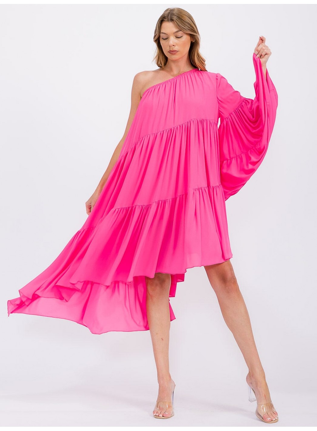 WOMEN'S ONE SHOLDER LONG SLEEVE POCKETS TIERED HIGH-LOW MIDI DRESS WOMEN'S ONE SHOLDER LONG SLEEVE POCKETS TIERED HIGH-LOW MIDI DRESS