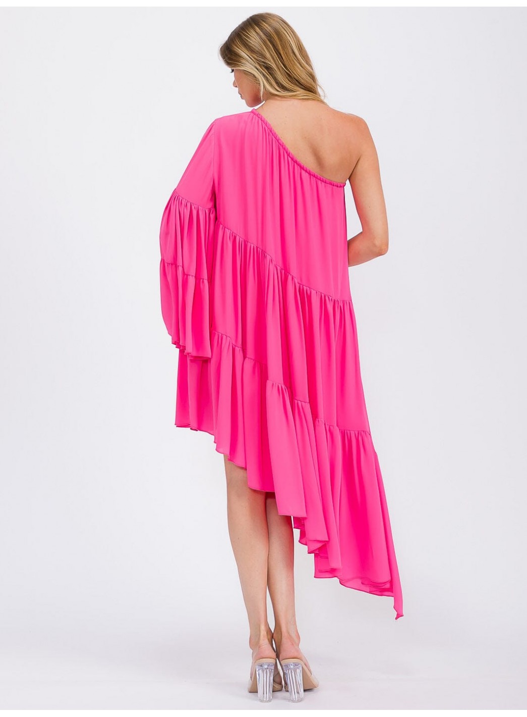 WOMEN'S ONE SHOLDER LONG SLEEVE POCKETS TIERED HIGH-LOW MIDI DRESS WOMEN'S ONE SHOLDER LONG SLEEVE POCKETS TIERED HIGH-LOW MIDI DRESS