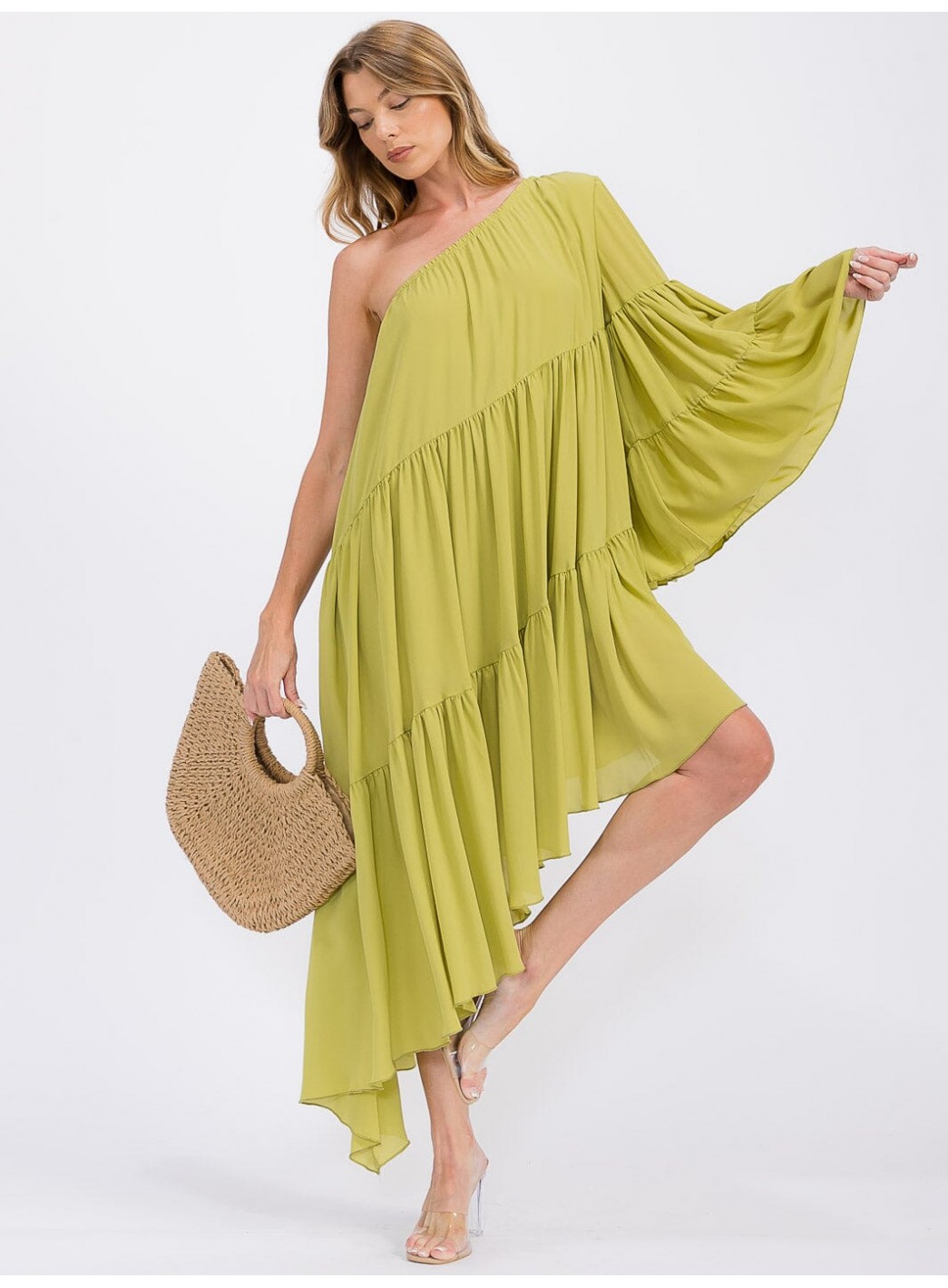 WOMEN'S ONE SHOLDER LONG SLEEVE POCKETS TIERED HIGH-LOW MIDI DRESS WOMEN'S ONE SHOLDER LONG SLEEVE POCKETS TIERED HIGH-LOW MIDI DRESS