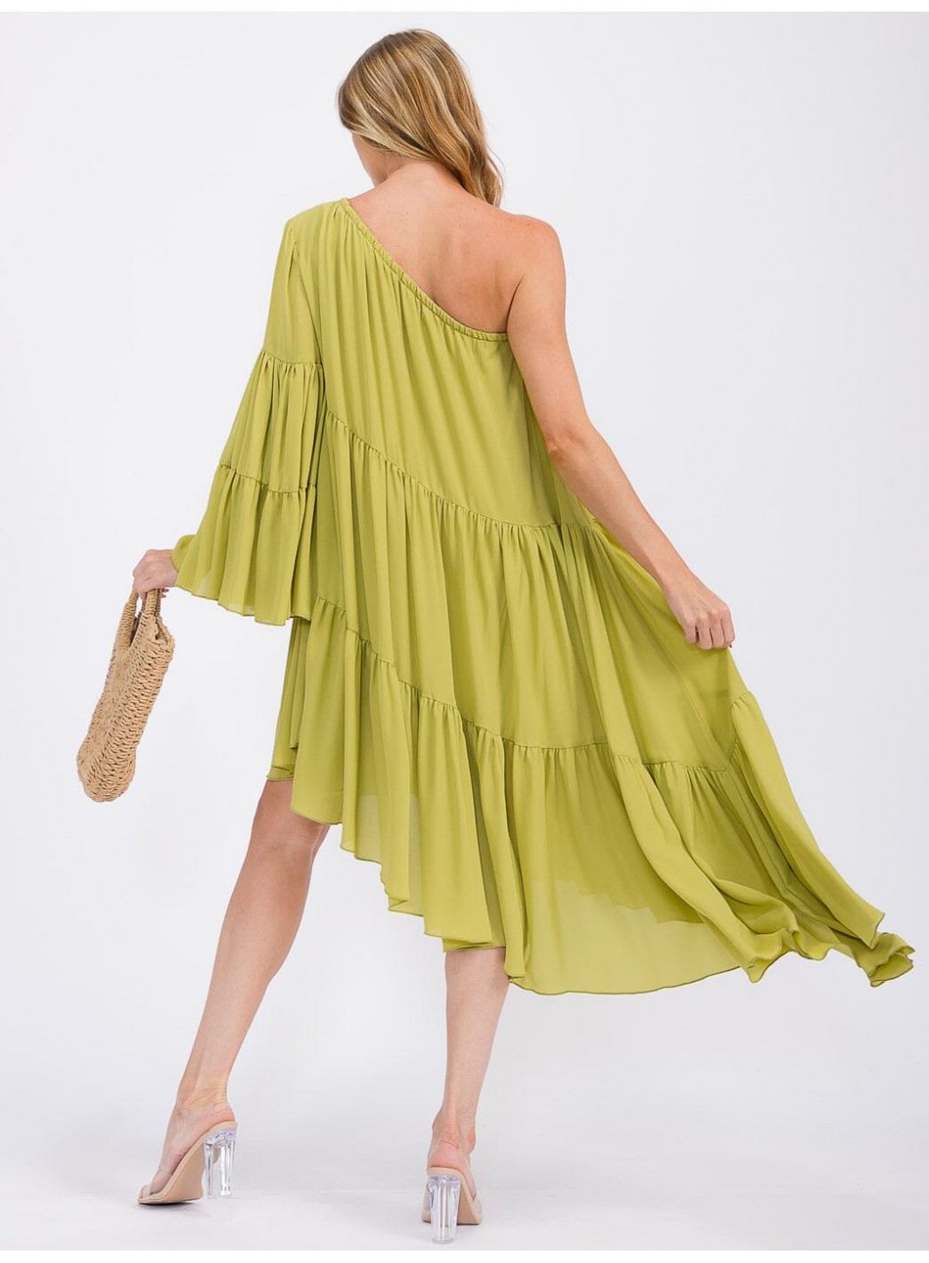 WOMEN'S ONE SHOLDER LONG SLEEVE POCKETS TIERED HIGH-LOW MIDI DRESS WOMEN'S ONE SHOLDER LONG SLEEVE POCKETS TIERED HIGH-LOW MIDI DRESS