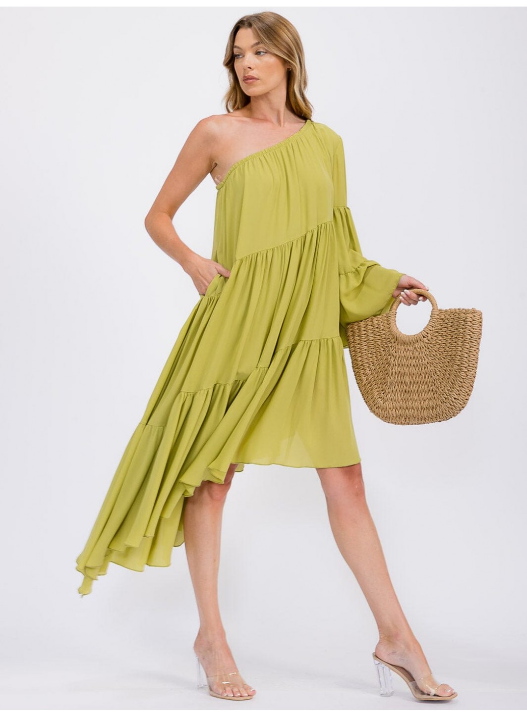 WOMEN'S ONE SHOLDER LONG SLEEVE POCKETS TIERED HIGH-LOW MIDI DRESS WOMEN'S ONE SHOLDER LONG SLEEVE POCKETS TIERED HIGH-LOW MIDI DRESS