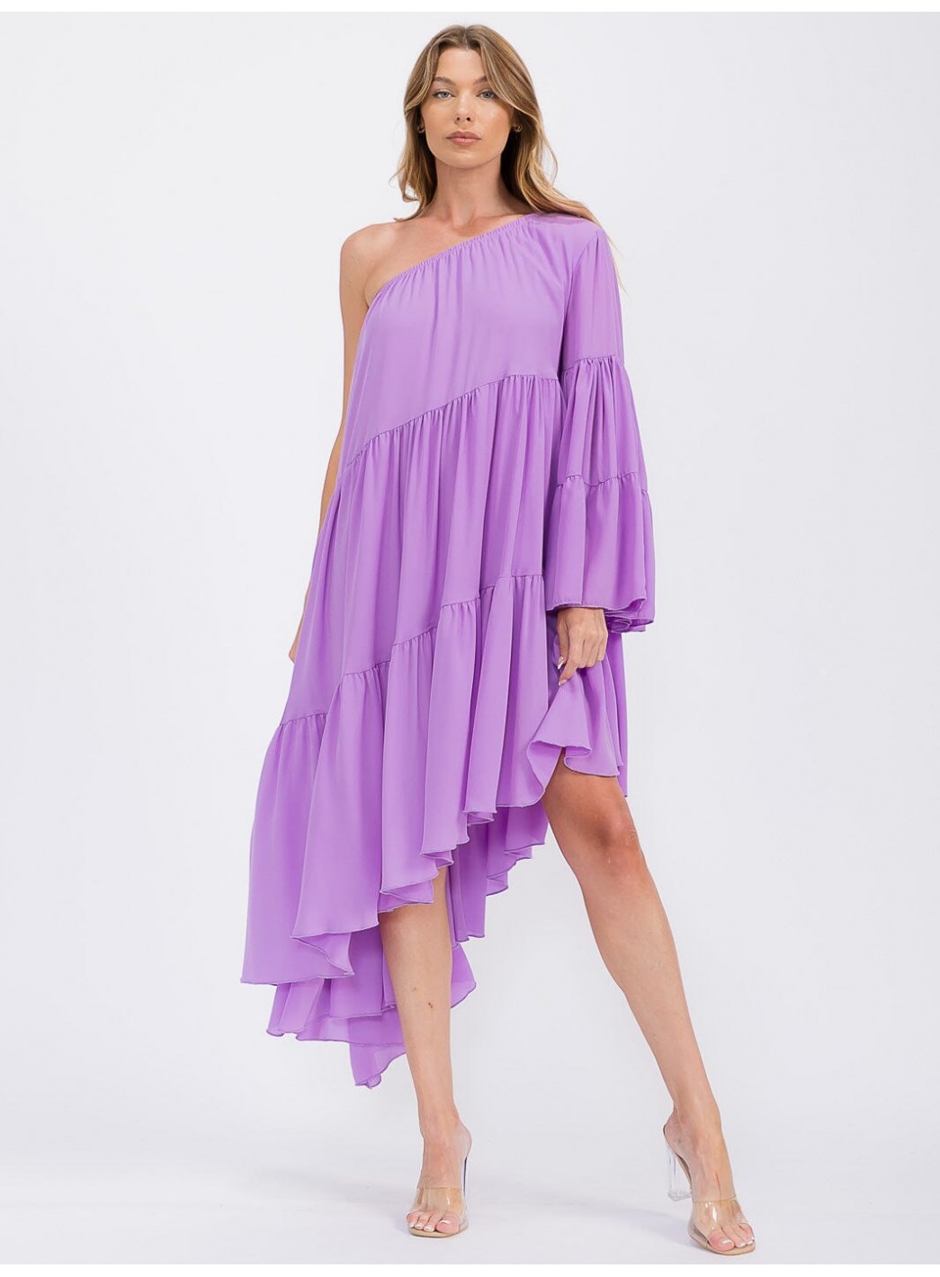 WOMEN'S ONE SHOLDER LONG SLEEVE POCKETS TIERED HIGH-LOW MIDI DRESS WOMEN'S ONE SHOLDER LONG SLEEVE POCKETS TIERED HIGH-LOW MIDI DRESS