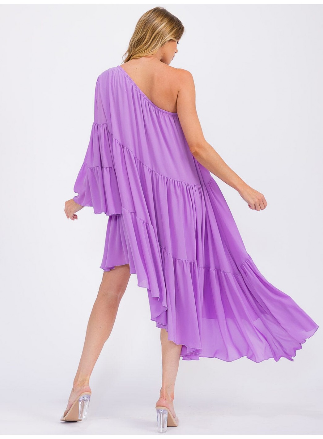 WOMEN'S ONE SHOLDER LONG SLEEVE POCKETS TIERED HIGH-LOW MIDI DRESS WOMEN'S ONE SHOLDER LONG SLEEVE POCKETS TIERED HIGH-LOW MIDI DRESS