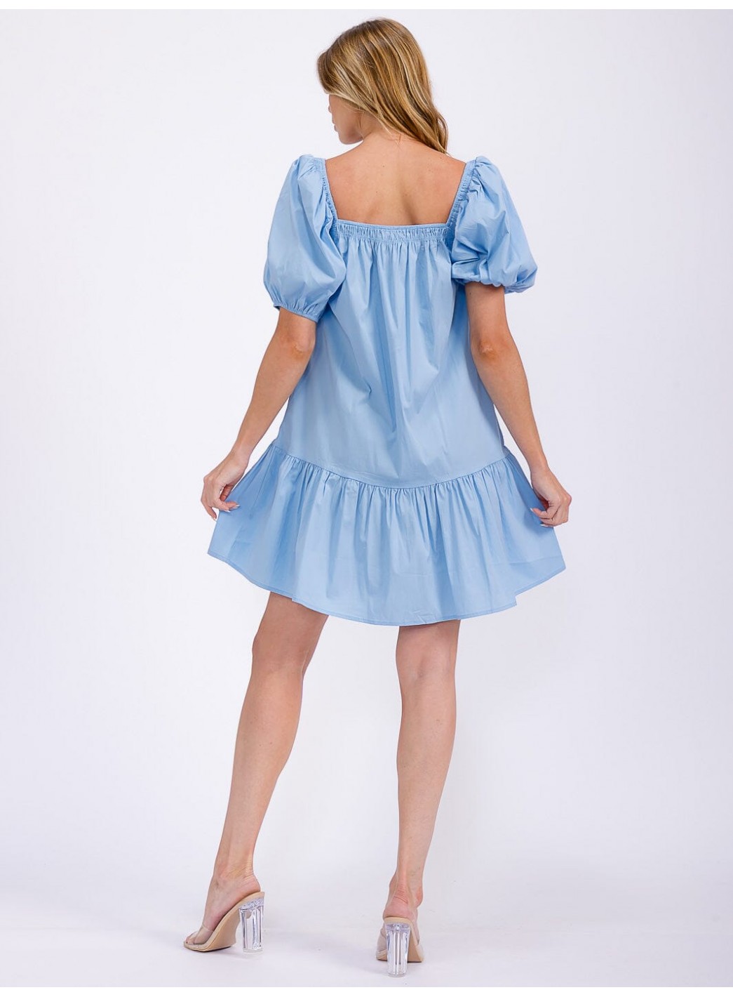 WOMEN'S SHORT PUFF SLEEVE FRONT POCKETS TIERED MINI DRESS WOMEN'S SHORT PUFF SLEEVE FRONT POCKETS TIERED MINI DRESS