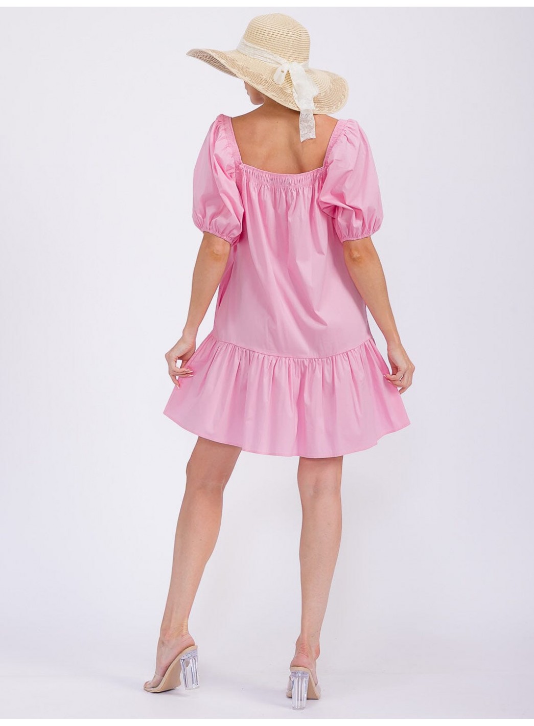 WOMEN'S SHORT PUFF SLEEVE FRONT POCKETS TIERED MINI DRESS WOMEN'S SHORT PUFF SLEEVE FRONT POCKETS TIERED MINI DRESS