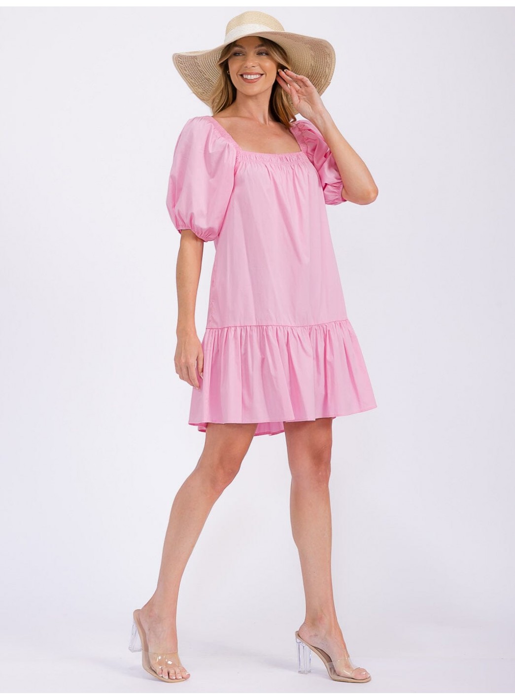 WOMEN'S SHORT PUFF SLEEVE FRONT POCKETS TIERED MINI DRESS WOMEN'S SHORT PUFF SLEEVE FRONT POCKETS TIERED MINI DRESS