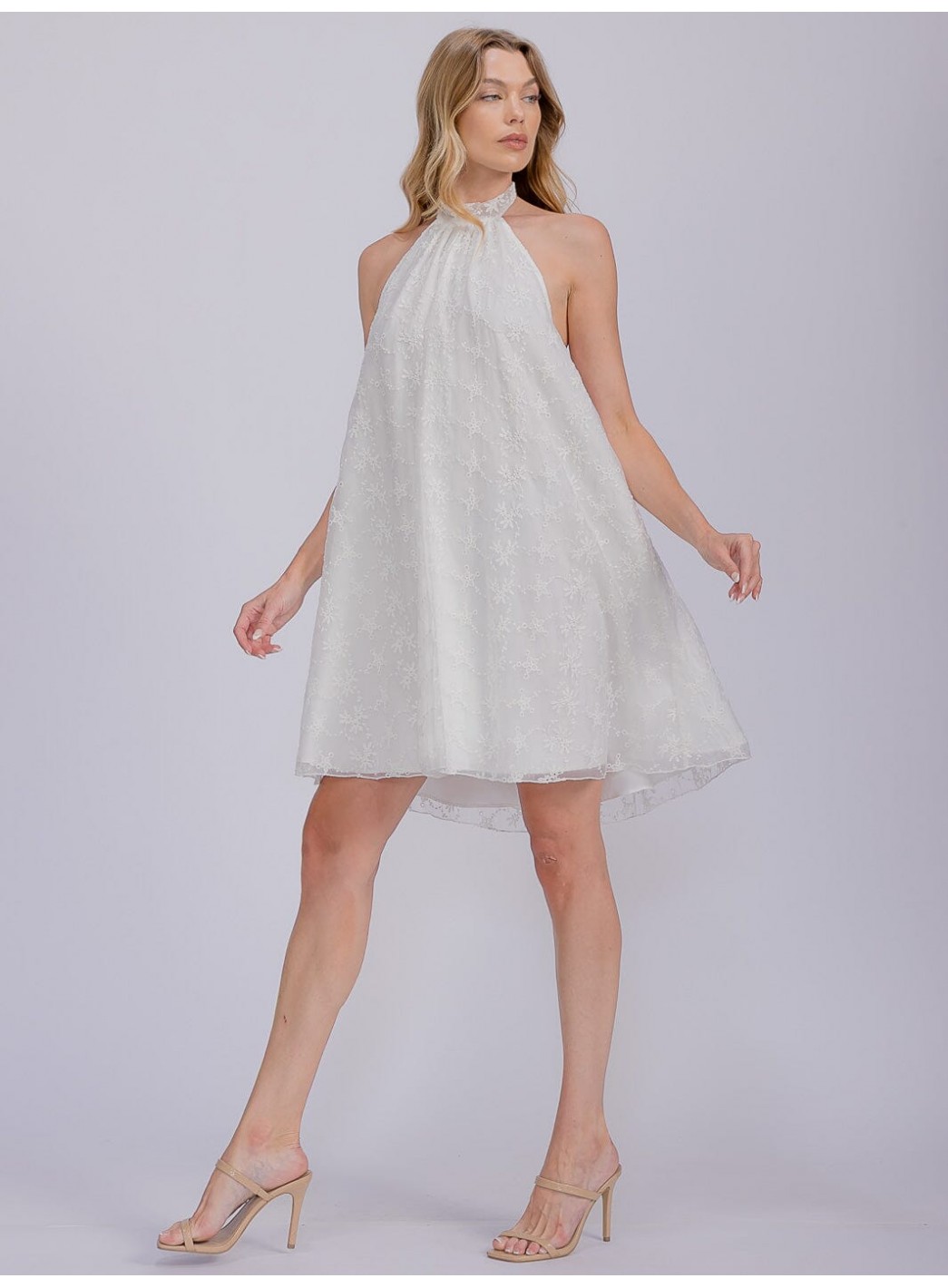 WOMEN'S SLEEVELESS HALTER NECK CROCHET FLORAL MINI DRESS