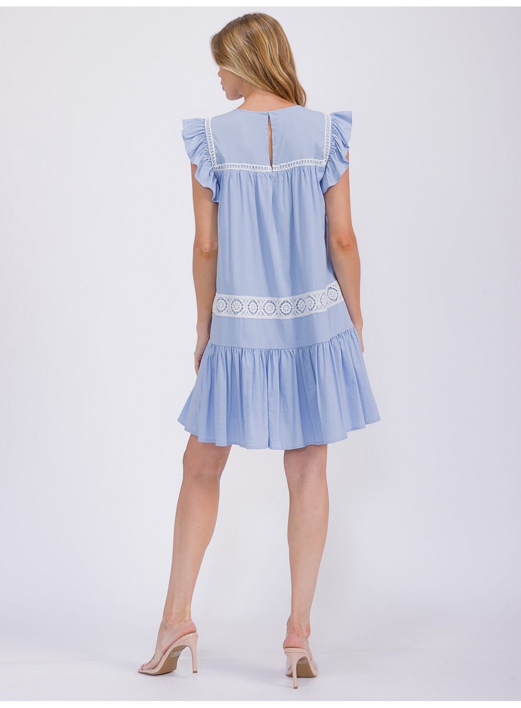 WOMEN'S RUFFLE SLEEVE TRIM DETAILED TIERED TUNIC MINI DRESS WOMEN'S RUFFLE SLEEVE TRIM DETAILED TIERED TUNIC MINI DRESS