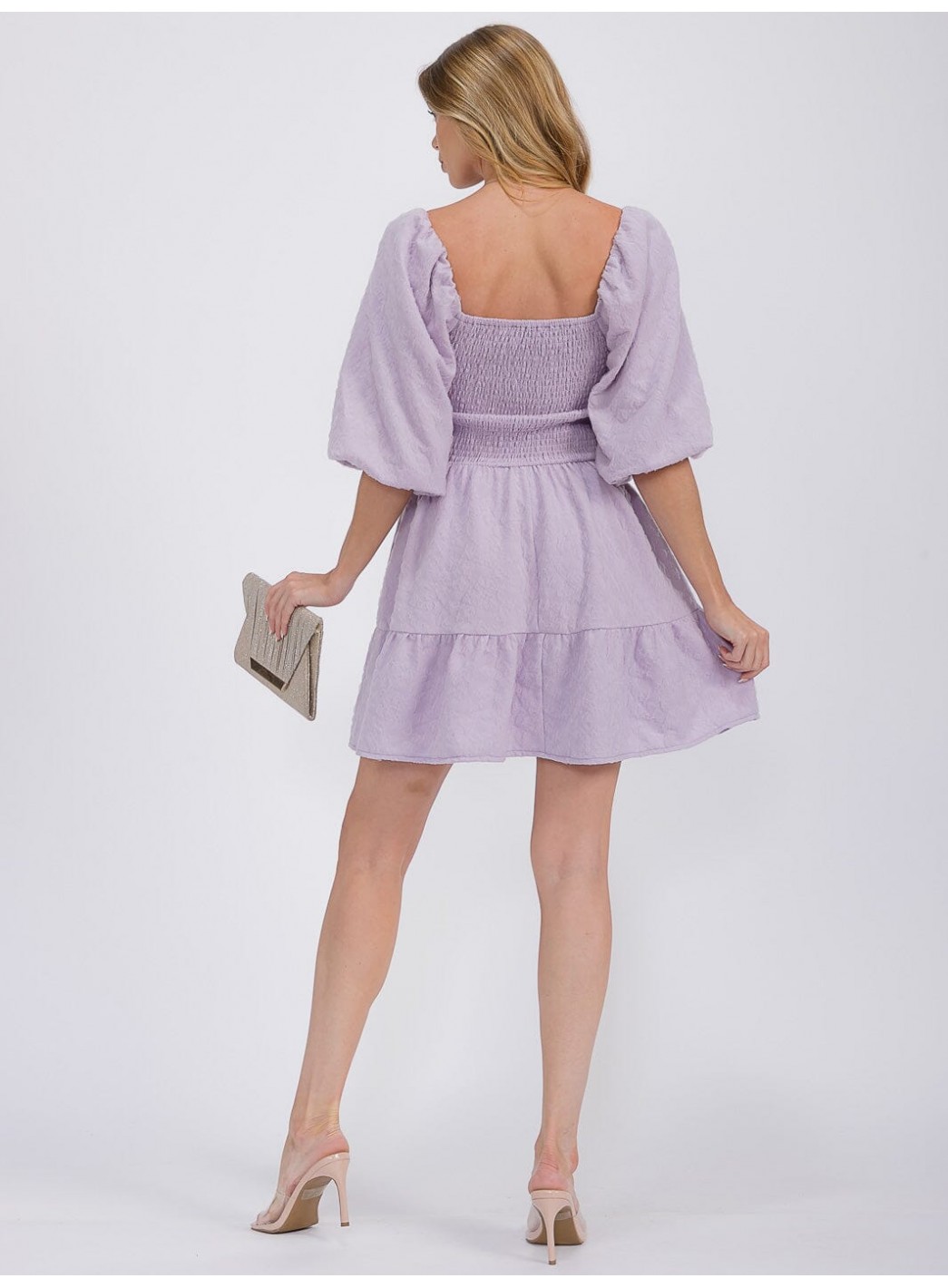 WOMEN'S SHORT PUFF SLEEVE SQUARE NECK SMOCK DETAILED TIERED MINI DRESS WOMEN'S SHORT PUFF SLEEVE SQUARE NECK SMOCK DETAILED TIERED MINI DRESS