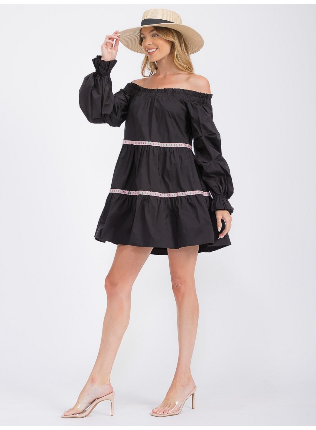 WOMEN'S LONG SLEEVE OFF SHOULDER TRIM DETAILED TIERED MINI DRESS WOMEN'S LONG SLEEVE OFF SHOULDER TRIM DETAILED TIERED MINI DRESS