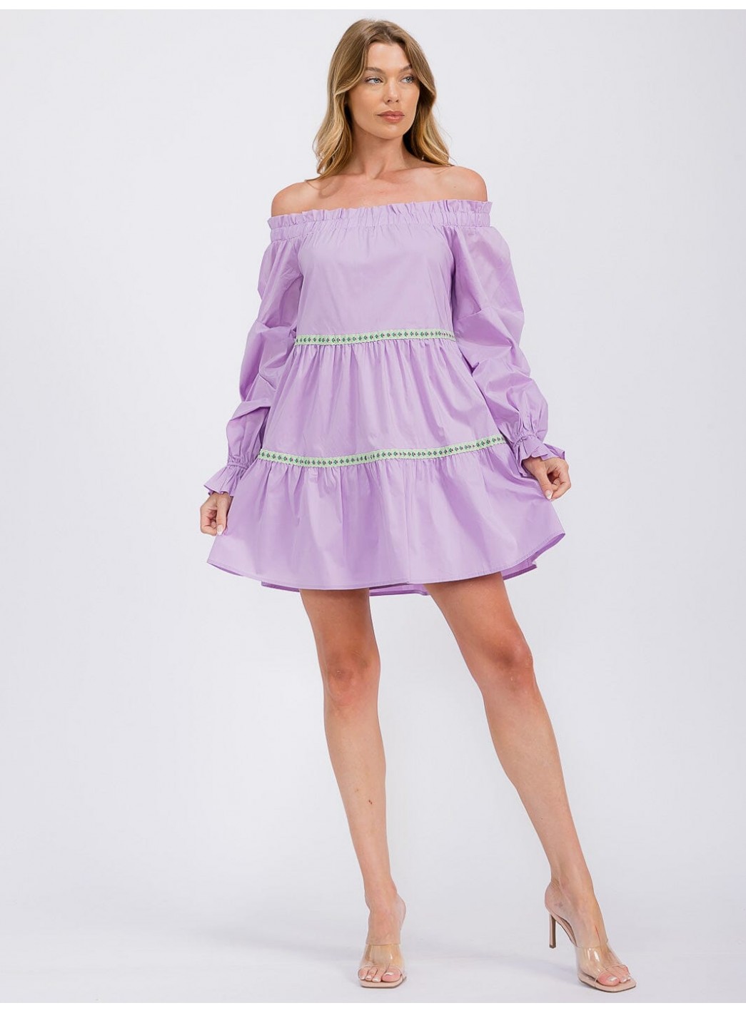 WOMEN'S LONG SLEEVE OFF SHOULDER TRIM DETAILED TIERED MINI DRESS WOMEN'S LONG SLEEVE OFF SHOULDER TRIM DETAILED TIERED MINI DRESS