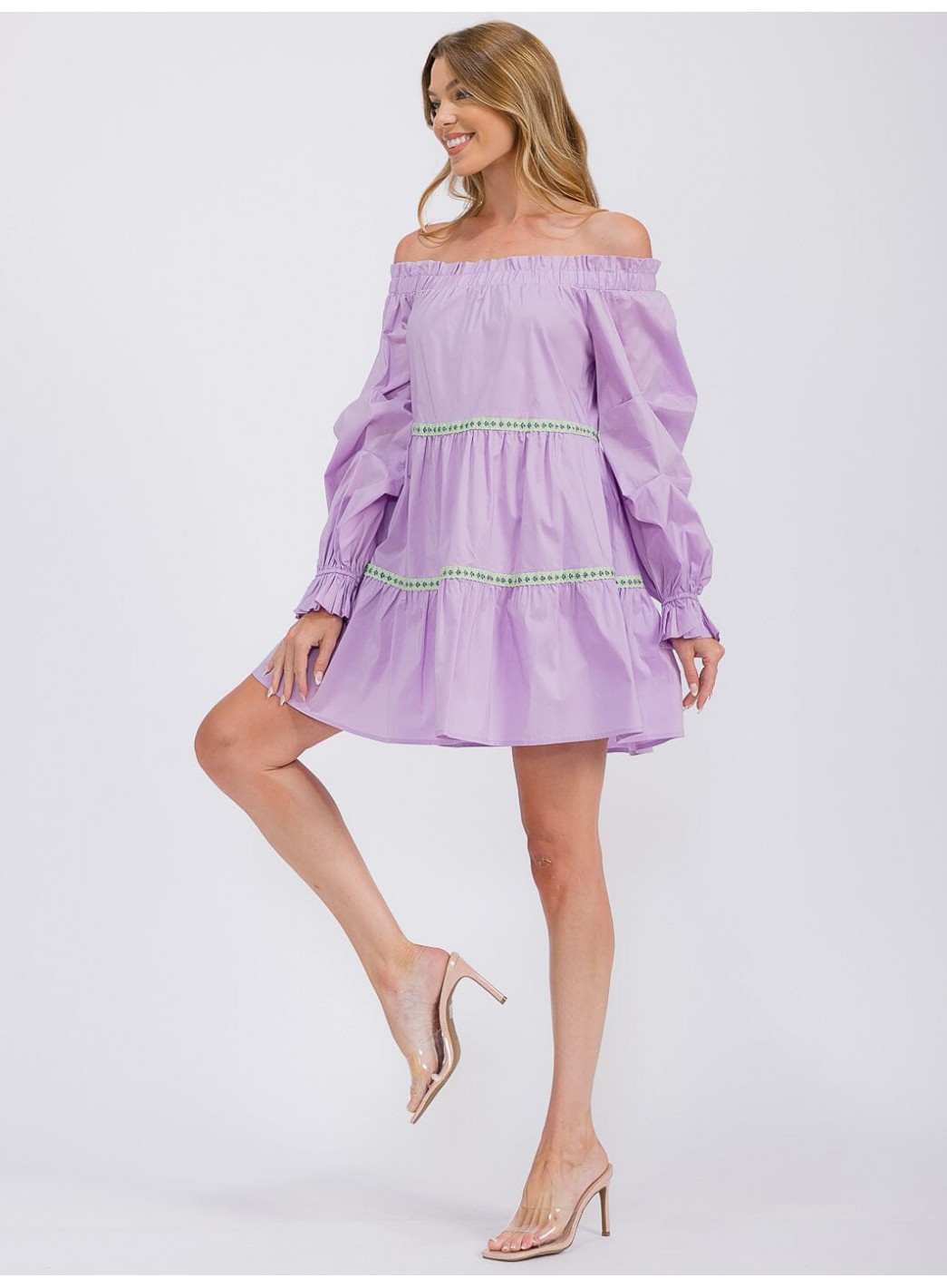 WOMEN'S LONG SLEEVE OFF SHOULDER TRIM DETAILED TIERED MINI DRESS WOMEN'S LONG SLEEVE OFF SHOULDER TRIM DETAILED TIERED MINI DRESS