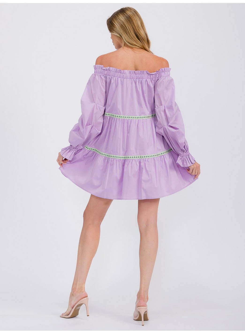 WOMEN'S LONG SLEEVE OFF SHOULDER TRIM DETAILED TIERED MINI DRESS WOMEN'S LONG SLEEVE OFF SHOULDER TRIM DETAILED TIERED MINI DRESS