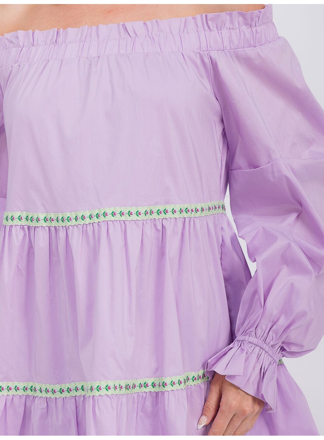 WOMEN'S LONG SLEEVE OFF SHOULDER TRIM DETAILED TIERED MINI DRESS WOMEN'S LONG SLEEVE OFF SHOULDER TRIM DETAILED TIERED MINI DRESS