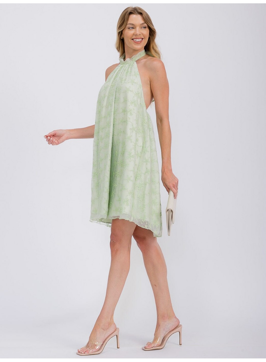 WOMEN'S SLEEVELESS HALTER NECK CROCHET FLORAL MINI DRESS