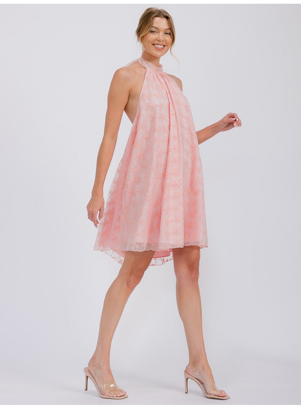 WOMEN'S SLEEVELESS HALTER NECK CROCHET FLORAL MINI DRESS