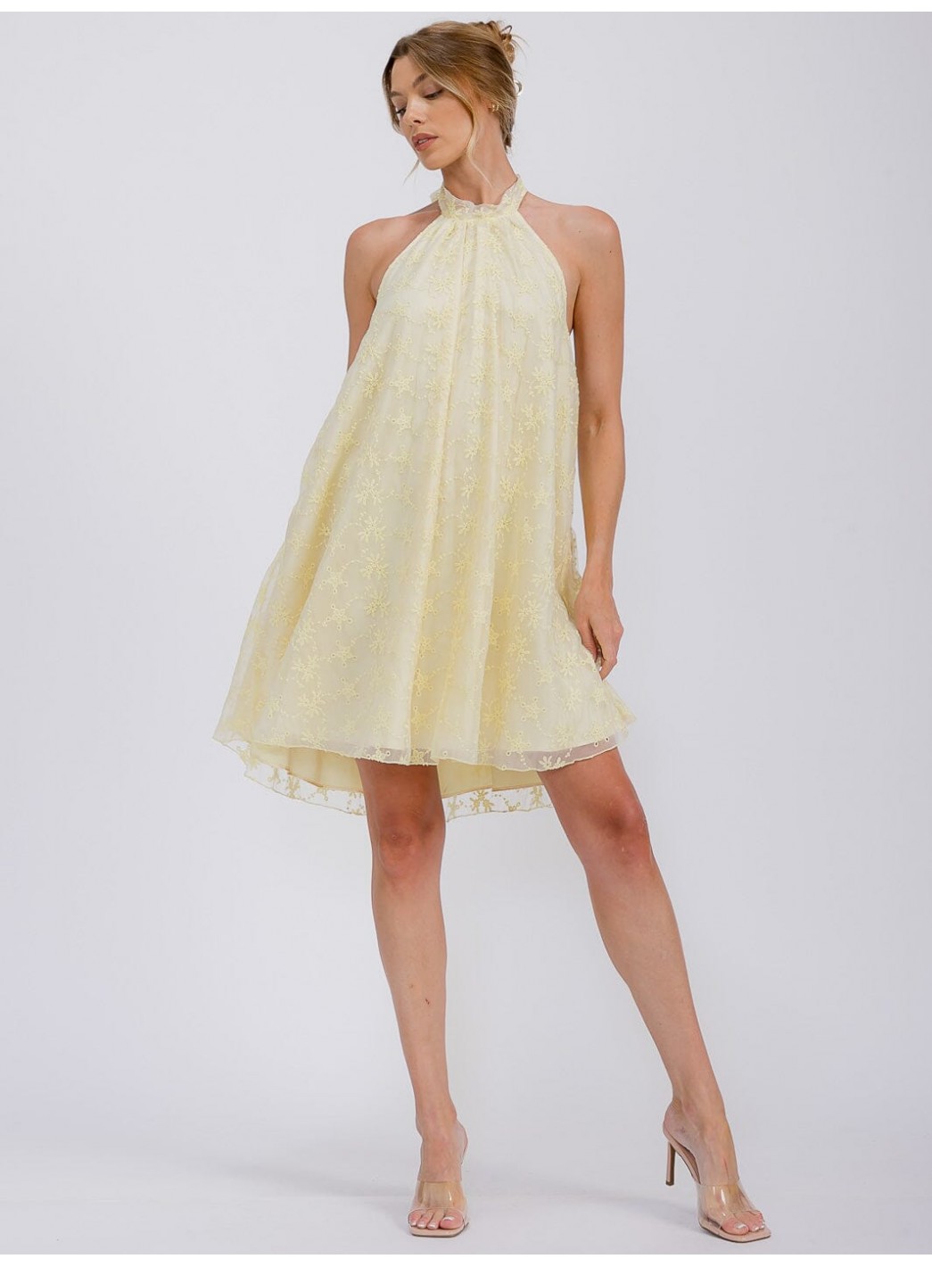 WOMEN'S SLEEVELESS HALTER NECK CROCHET FLORAL MINI DRESS