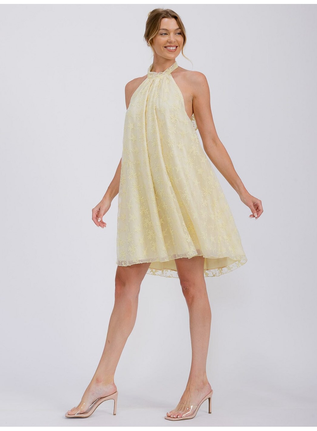 WOMEN'S SLEEVELESS HALTER NECK CROCHET FLORAL MINI DRESS