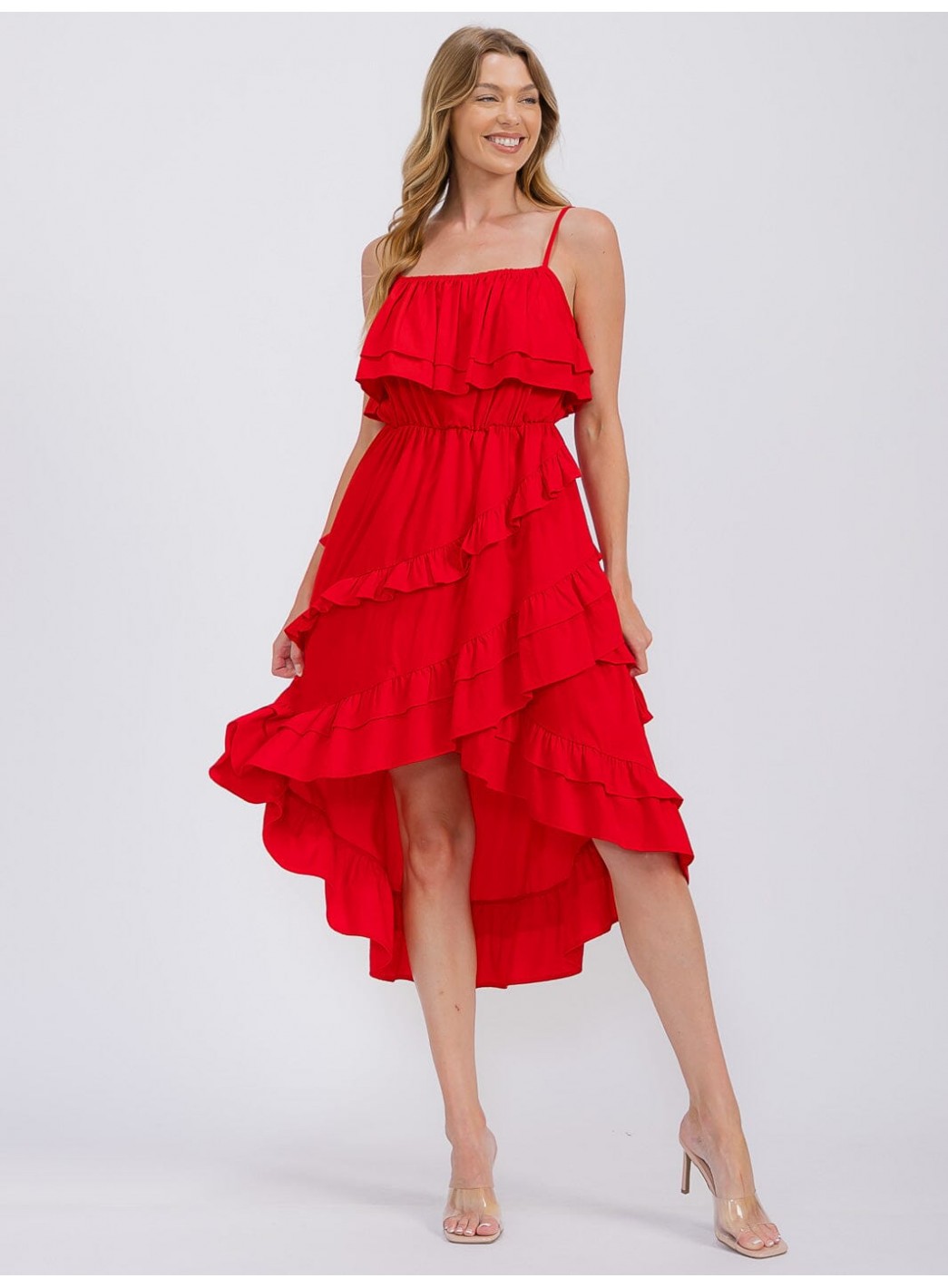 WOMEN'S SLEEVELESS RUFFLE TIERED HIGH-LOW MIDI DRESS WOMEN'S SLEEVELESS RUFFLE TIERED HIGH-LOW MIDI DRESS