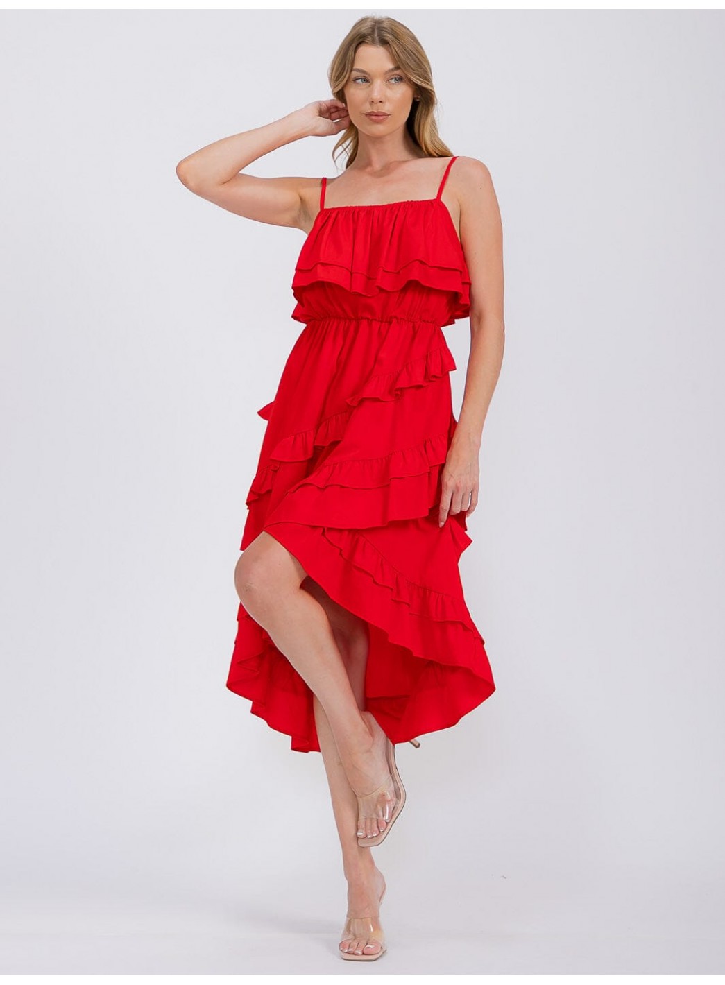 WOMEN'S SLEEVELESS RUFFLE TIERED HIGH-LOW MIDI DRESS WOMEN'S SLEEVELESS RUFFLE TIERED HIGH-LOW MIDI DRESS