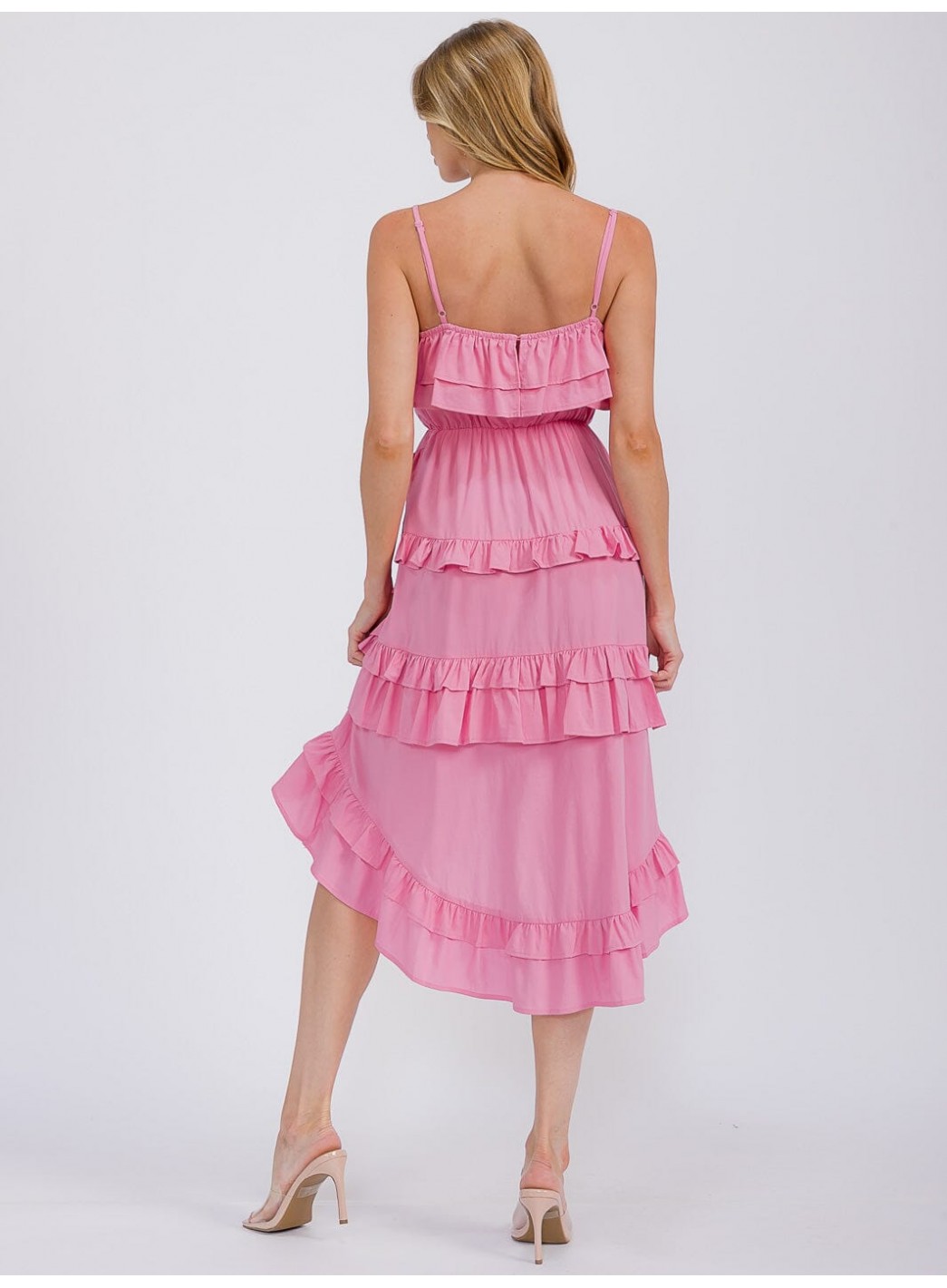 WOMEN'S SLEEVELESS RUFFLE TIERED HIGH-LOW MIDI DRESS WOMEN'S SLEEVELESS RUFFLE TIERED HIGH-LOW MIDI DRESS